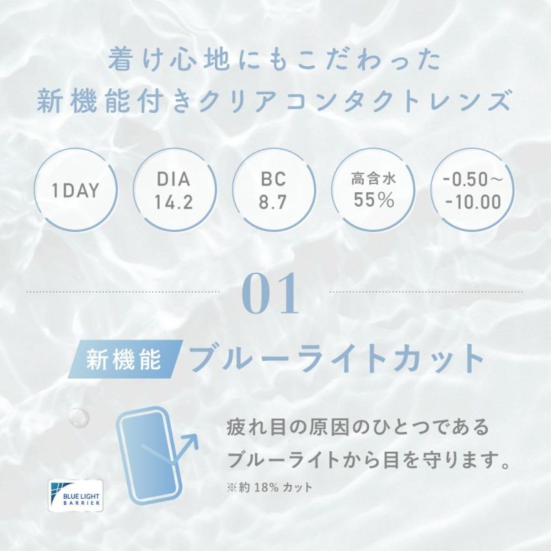 着け心地にもこだわった新機能付きクリアコンタクトレンズ 01.新機能ブルーライトカット 疲れ目の原因のひとつである ブルーライトから目を守ります